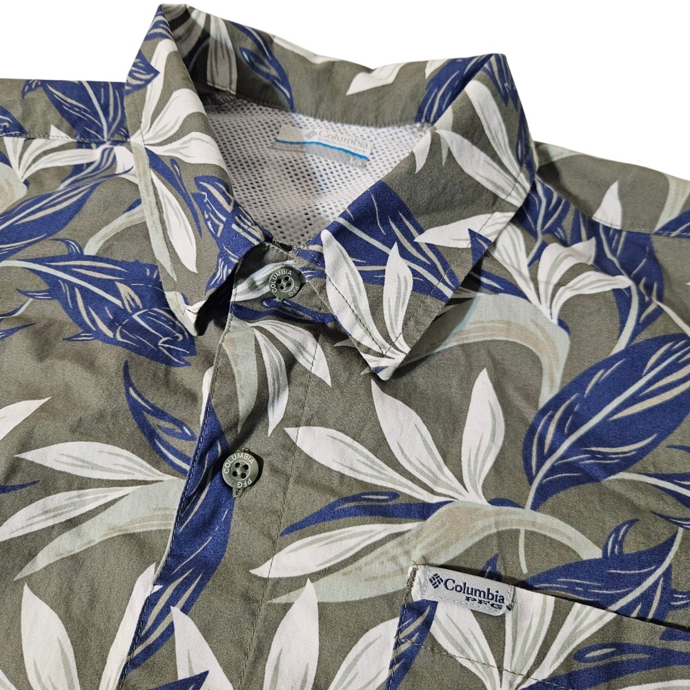 Columbia PFG Fishing Shirt Mens‎ Large Olive Green Tropical Fish Floral Hawaiian